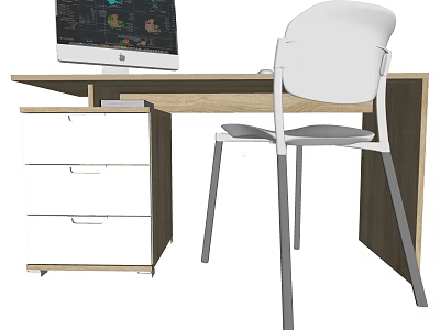 Modern Wooden Desk With Drawers And White Chair For Home Office Setup 3d model