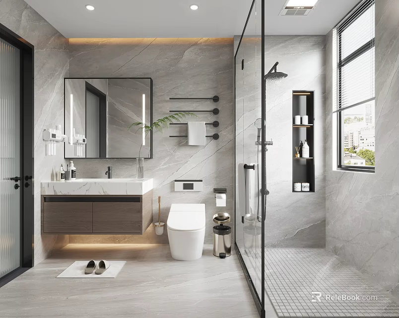 Modern Bathroom Interior With Sink Mirror Toilet And Shower 3d model 