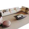 Modern Beige L Shaped Sofa With Black Rectangular Coffee Table And Decorative Items 3d model