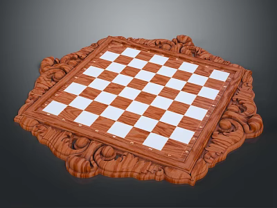 Decorative Wooden Checkerboard With Intricate Carved Border And Black White Squares 3d model