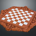 Decorative Wooden Checkerboard With Intricate Carved Border And Black White Squares