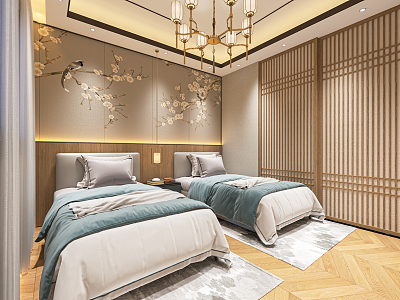 New Chinese Guest Room Hotel Guest Room Hotel Big Bed Room Homestay Guest Room Computer Desk Leisure Sofa Bedding Double Room 3d model