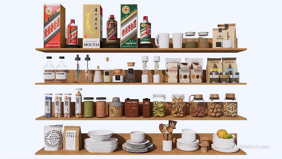 Organized Kitchen Shelves With Spices Dishes Bowls Fresh Fruits And Essential Appliances 3d model 