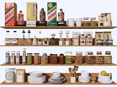 Organized Kitchen Shelves With Spices Dishes Bowls Fresh Fruits And Essential Appliances 3d model