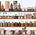 Organized Kitchen Shelves With Spices Dishes Bowls Fresh Fruits And Essential Appliances