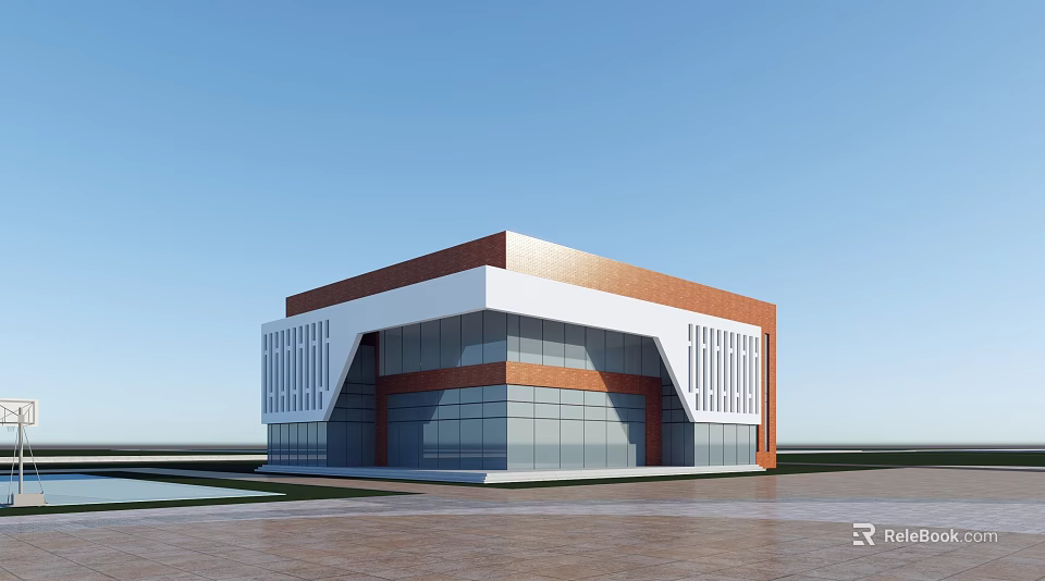 Modern Architectural Building With Red Brown And White Facade Large Glass Windows 3d model 