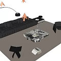 Modern Leather Sofa and Coffee Table with Marble Floor Lamp and Single Chair on Rug