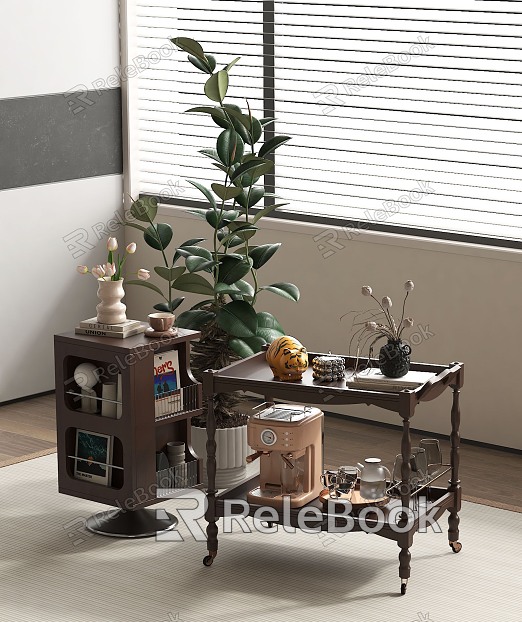 Middle Ancient Movable Solid Wood Side Trolley Floor Plant Coffee Machine Glass Wood Rectangular model