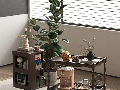 Stylish Wooden Side Table With Decorative Items And Green Plant In Living Room 3d model