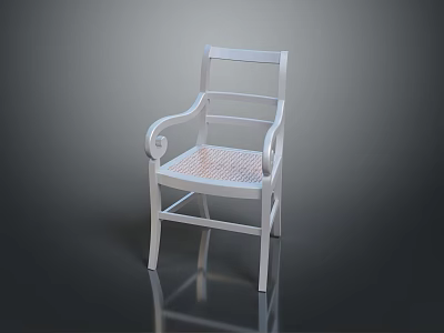 Elegant White Single Chair With Curved Armrests Rattan Woven Seat And Classic Style 3d model
