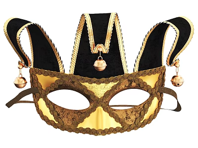 Venetian Style Black And Gold Mask With Bells And Lace Trim 3d model