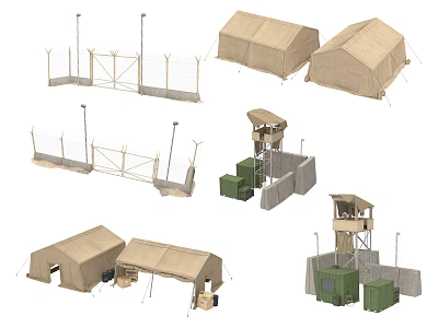 Heavy Duty Industrial Equipment Including Military Tents Fencing Watchtowers And Storage Containers 3d model