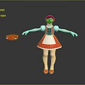 Red Hooded Character in Red Dress Stretching Arms with Red Disc on Gray Background