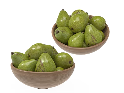 Fresh Green Pears in Two Rustic Wooden Bowls on White Background 3d model