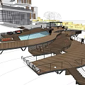 Modern Road Facilities With Wooden Walkways Platforms And Water Features Near Buildings
