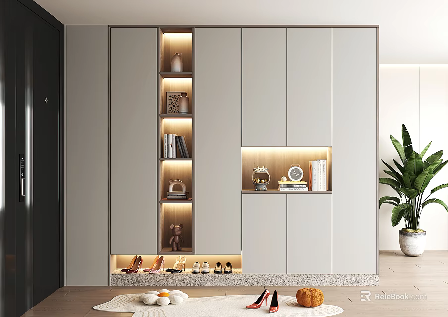 Modern Integrated Shoe Cabinet With LED Lights Storage Compartments And Decorative Items 3d model 