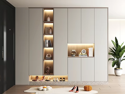 Modern Integrated Shoe Cabinet With LED Lights Storage Compartments And Decorative Items 3d model