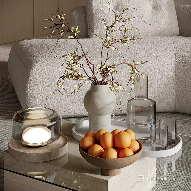 Decorative Ornament Set With Vase Twigs Glass Bottle Bowl Of Oranges Glass Cups And Lantern 3d model 