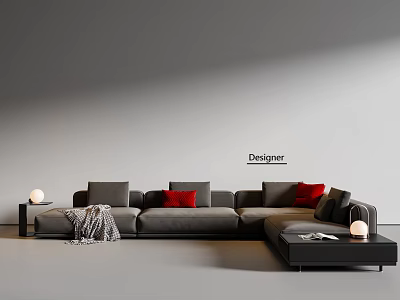 Modern L Shaped Gray Multi Seater Sofa With Red Cushions And Side Table 3d model