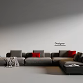 Modern L Shaped Gray Multi Seater Sofa With Red Cushions And Side Table 3d model