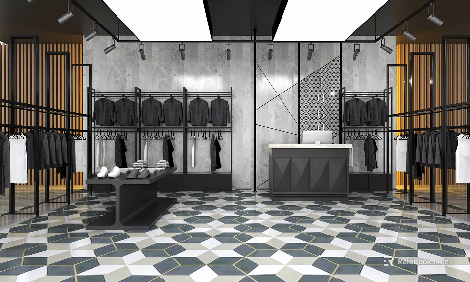 Modern Clothing Store Interior With Stylish Display Racks Black Clothes And Geometric Floor Tiles 3d model 