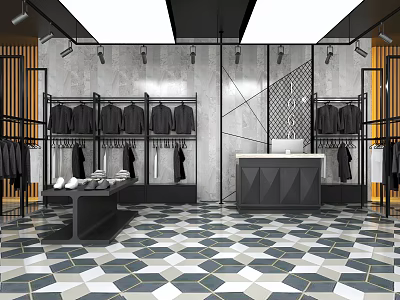 Modern Clothing Store Interior With Stylish Display Racks Black Clothes And Geometric Floor Tiles 3d model