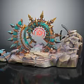 Fantasy Decorative Scene Structure With Circular Arch Spikes Golden Decor Red Symbol Rocks And Steps