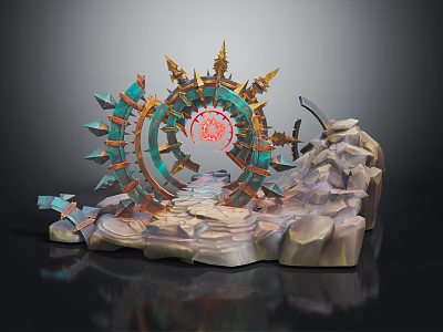 Fantasy Decorative Scene Structure With Circular Arch Spikes Golden Decor Red Symbol Rocks And Steps 3d model