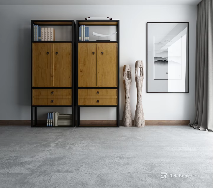 Modern Wooden Wardrobe With Black Frame Drawers And Wooden Sculptures Near Framed Painting 3d model 
