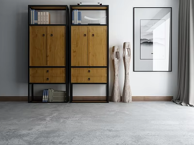 Modern Wooden Wardrobe With Black Frame Drawers And Wooden Sculptures Near Framed Painting 3d model