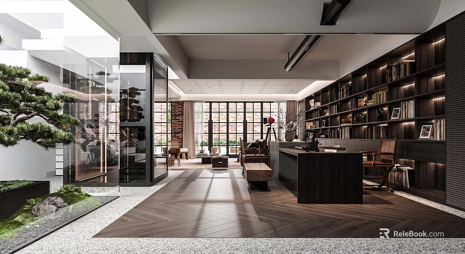 Modern Open Plan Living And Dining Room Interior With Full Wall Bookcase And Large Windows 3d model 