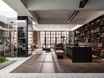 Modern Open Plan Living And Dining Room Interior With Full Wall Bookcase And Large Windows 3d model