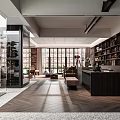 Modern Open Plan Living And Dining Room Interior With Full Wall Bookcase And Large Windows
