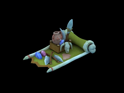 Cartoon Scene With Scroll Piggy Bank Feather Pens And Colorful Gemstones 3d model