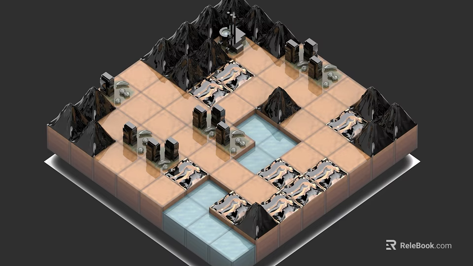 Strategic Weapon Setup In Mountain Terrain With Water Pools And Grid Layout 3d model 