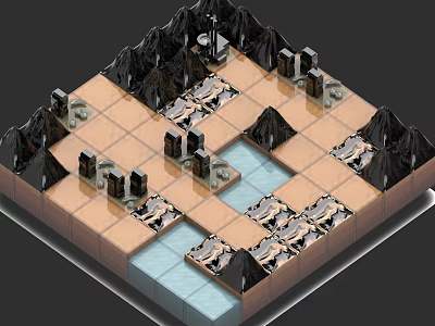 Strategic Weapon Setup In Mountain Terrain With Water Pools And Grid Layout 3d model