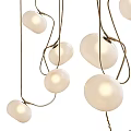 Modern Artistic Chandelier With White Spherical Bulbs And Curved Golden Metal Wires