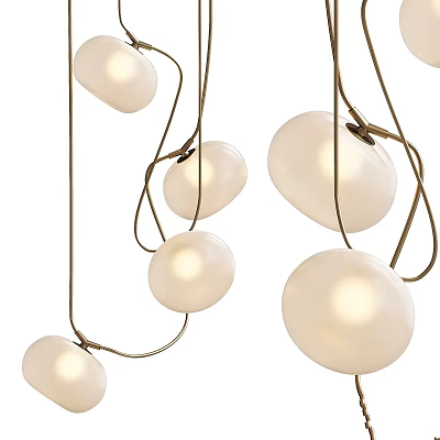 Modern Artistic Chandelier With White Spherical Bulbs And Curved Golden Metal Wires 3d model