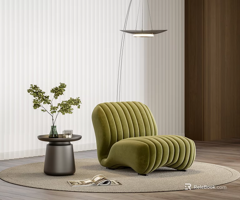 Green Ribbed Velvet Single Seater Sofa With Potted Plant And Round Rug On Wooden Floor 3d model 