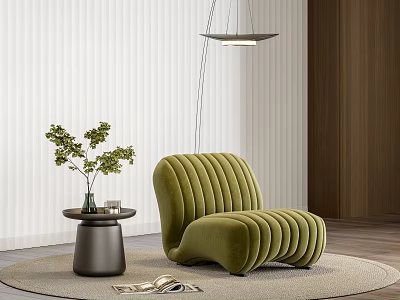 Green Ribbed Velvet Single Seater Sofa With Potted Plant And Round Rug On Wooden Floor 3d model