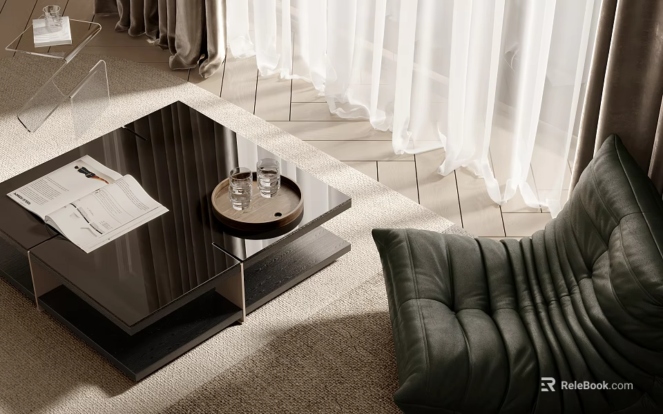 Modern Black Coffee Table With Glass Top Magazine And Glasses By Green Sofa On Carpet 3d model 