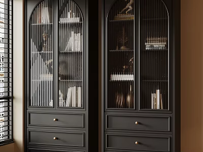 Elegant Black Bookcase With Glass Doors Drawers And Decorative Books Inside 3d model
