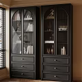 Elegant Black Bookcase With Glass Doors Drawers And Decorative Books Inside