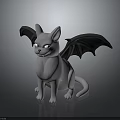 3D Rendered Grey Cat Bat Hybrid With Bat Wings Sharp Teeth Sitting On Dark Background
