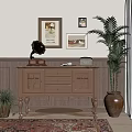 Vintage Wooden Entryway Cabinet Sideboard With Drawers Glass Doors Gramophone Radio Decorative Paintings Green Plant