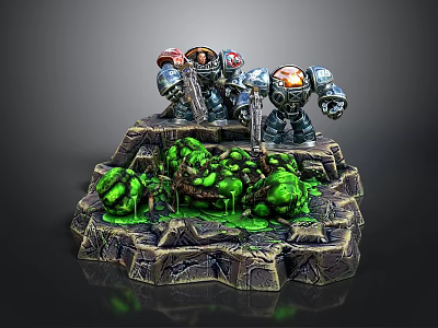 Two Armored Robots Battling Green Creatures On Rock Platform With Green Ooze 3d model