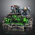 Two Armored Robots Battling Green Creatures On Rock Platform With Green Ooze