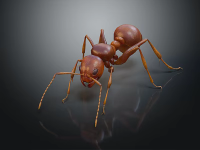 Detailed Brown Ant With Long Antennae On Dark Reflective Background 3d model