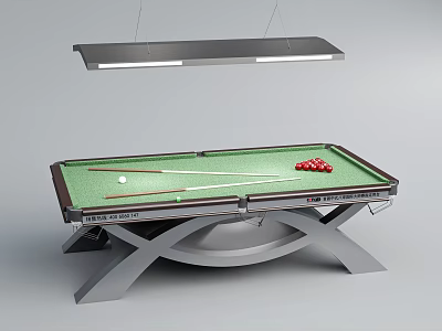 Pool Table With Green Felt Surface Cue Sticks Red Balls And X Shaped Legs 3d model