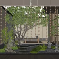 Tranquil Courtyard Garden Design With Large Tree Green Plants Stone Path And Wooden Flooring
